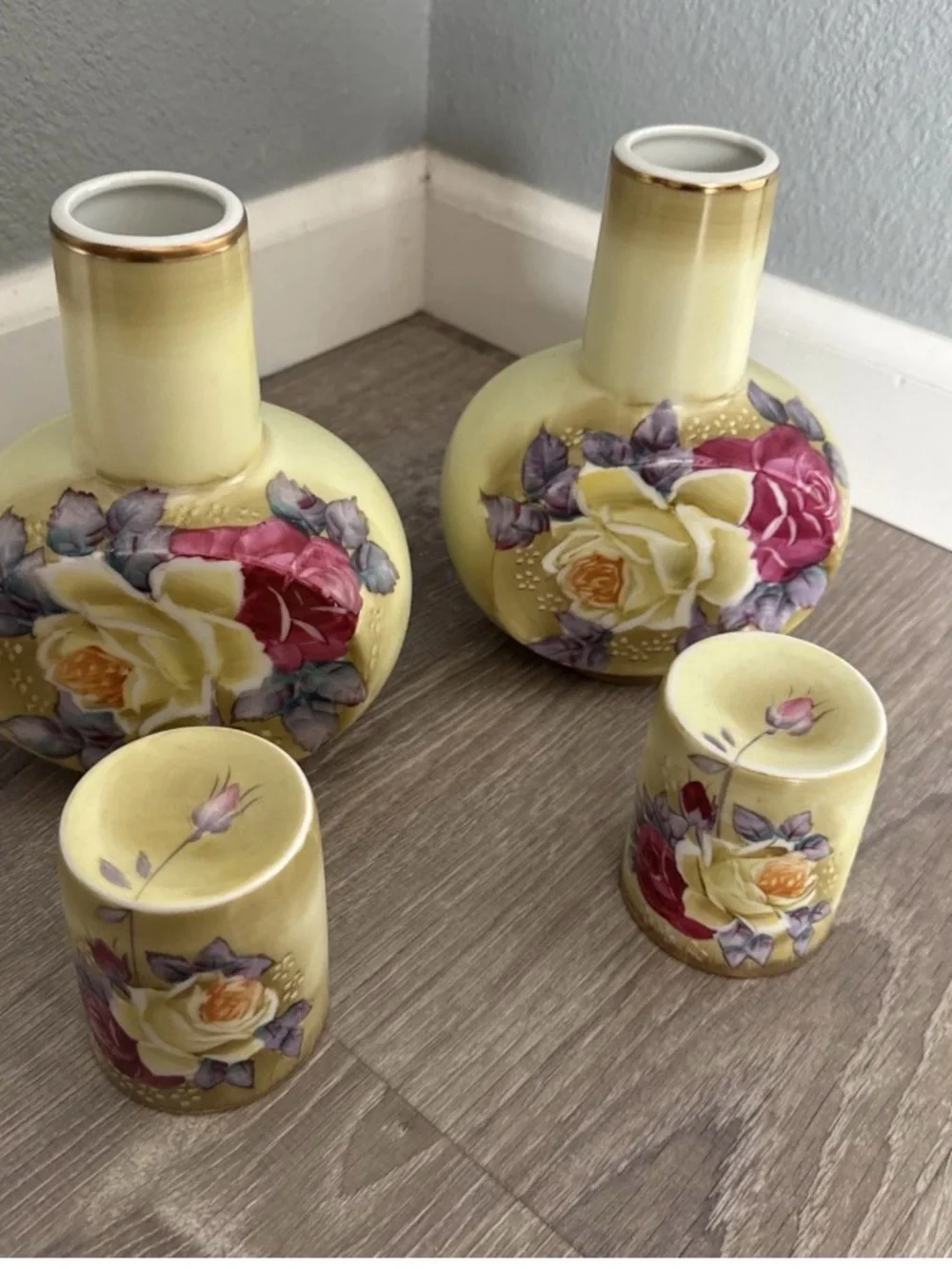 Vintage Hand Painted Nippon Vase Yellow Rose Gold Accent 7 Inch Set Of 2
